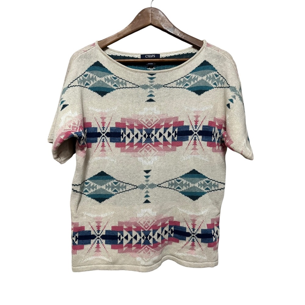 Chaps Petite Southwestern Knit Top‎ Short Sleeve Shirt Geometric Pattern